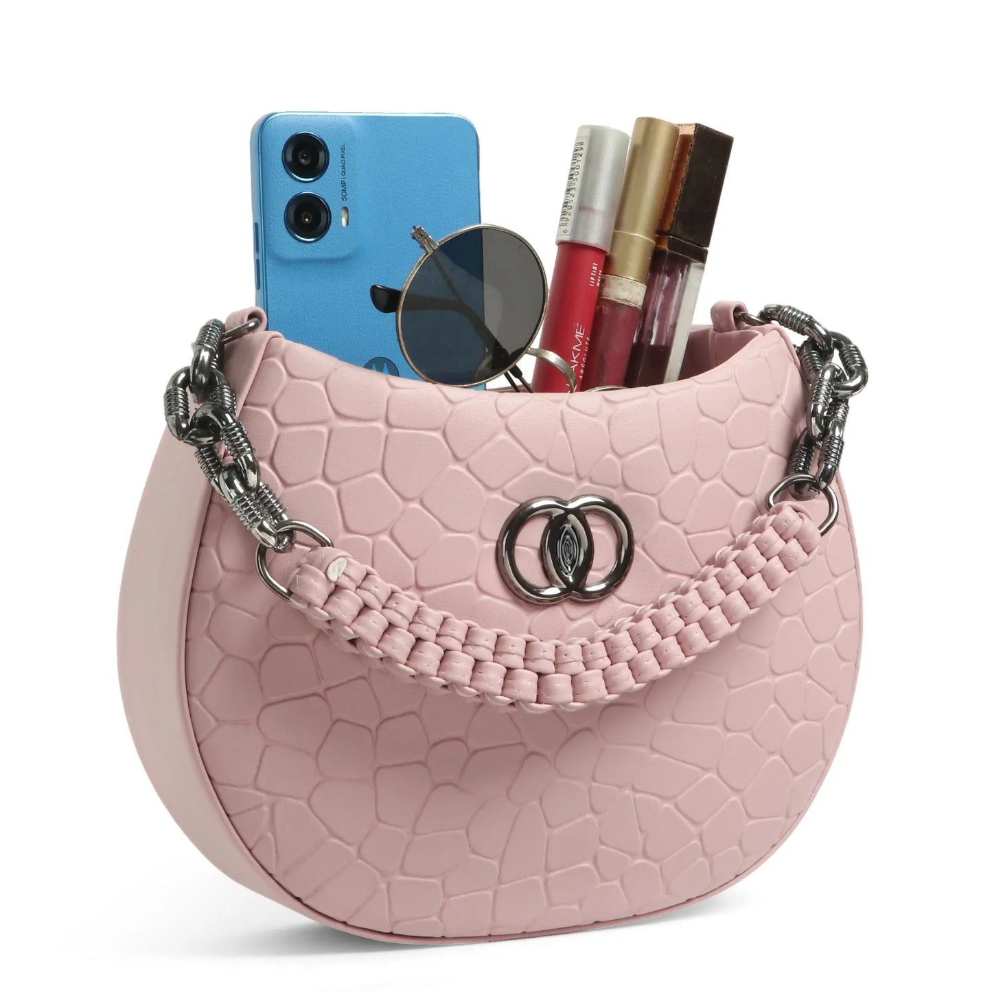Classicove Pink Textured Shoulder Bag with Premium Fabric & Golden Hardware Desi Hands