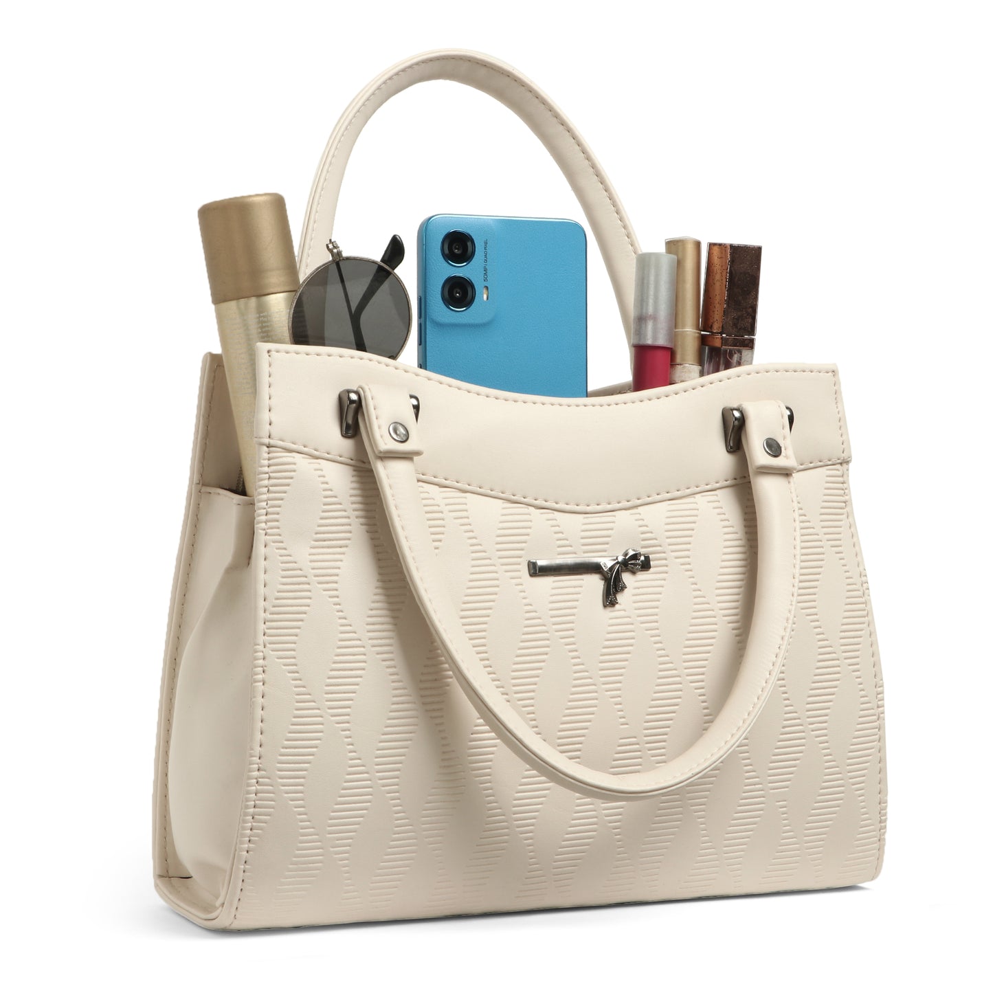 Classicove Elegant Cream Textured Handbag with Premium Fabric & Golden Hardware Desi Hands