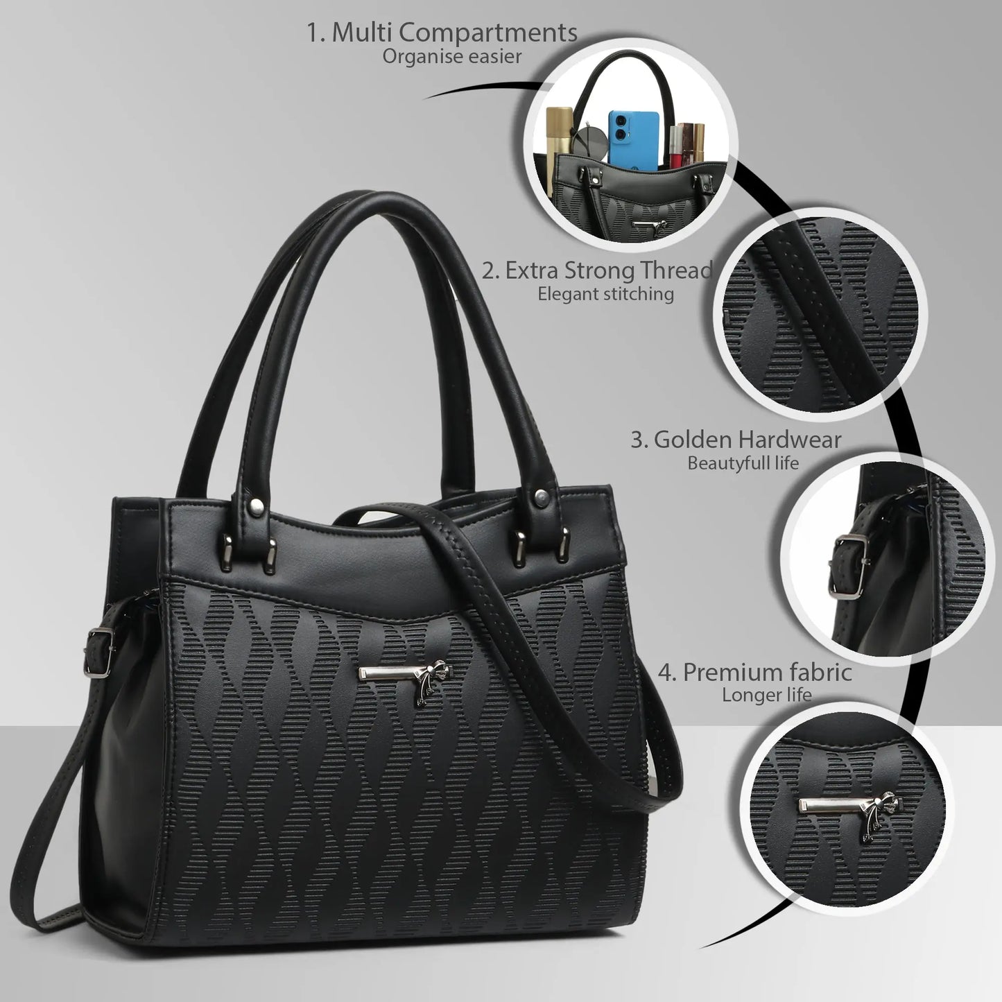 Classicove Black Elegant Handbag with Multi Compartments Desi Hands