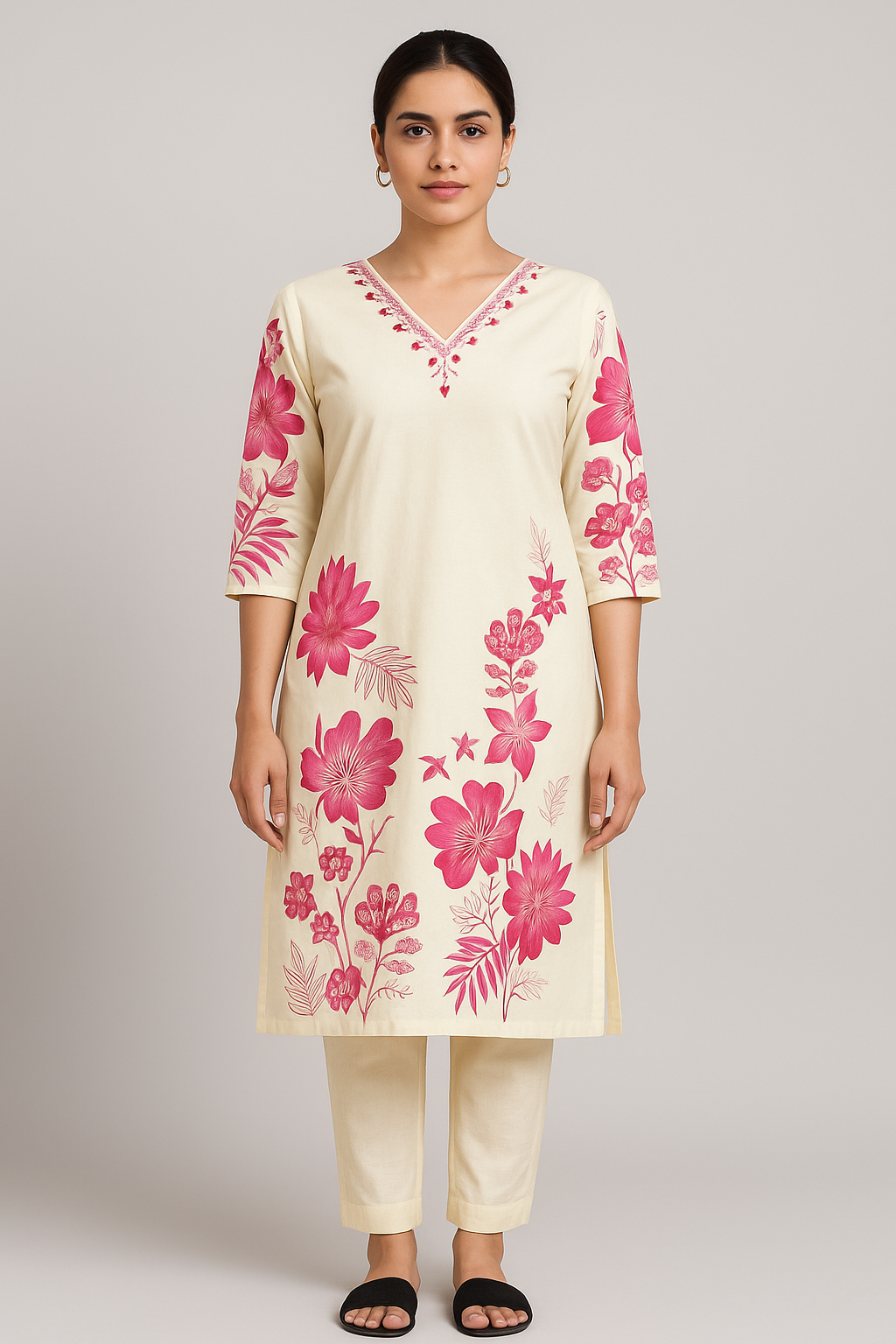 "Elegant Cotton Floral Kurta Set with Embroidered Neck & Printed Dupatta – Cream & Pink"