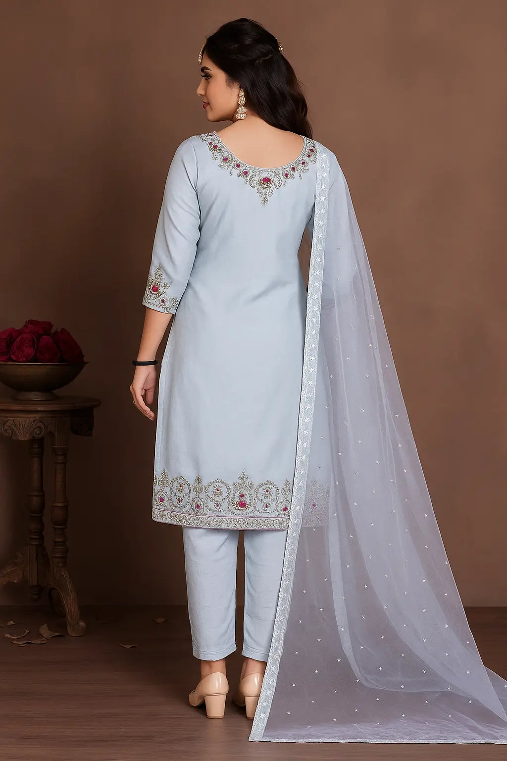 Elegant Sky Blue Embroidered Suit with Soft Lining by ClassiCove™ Desi Hands