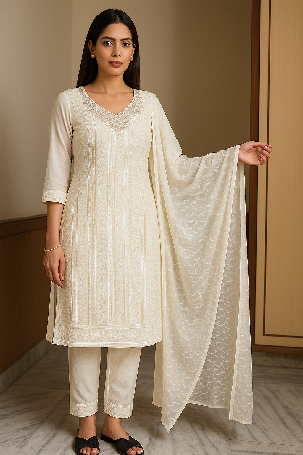 Classicove™ Ivory Pure Cotton Vichitra Suit Set – Exclusive at Desi Hands Desi Hands