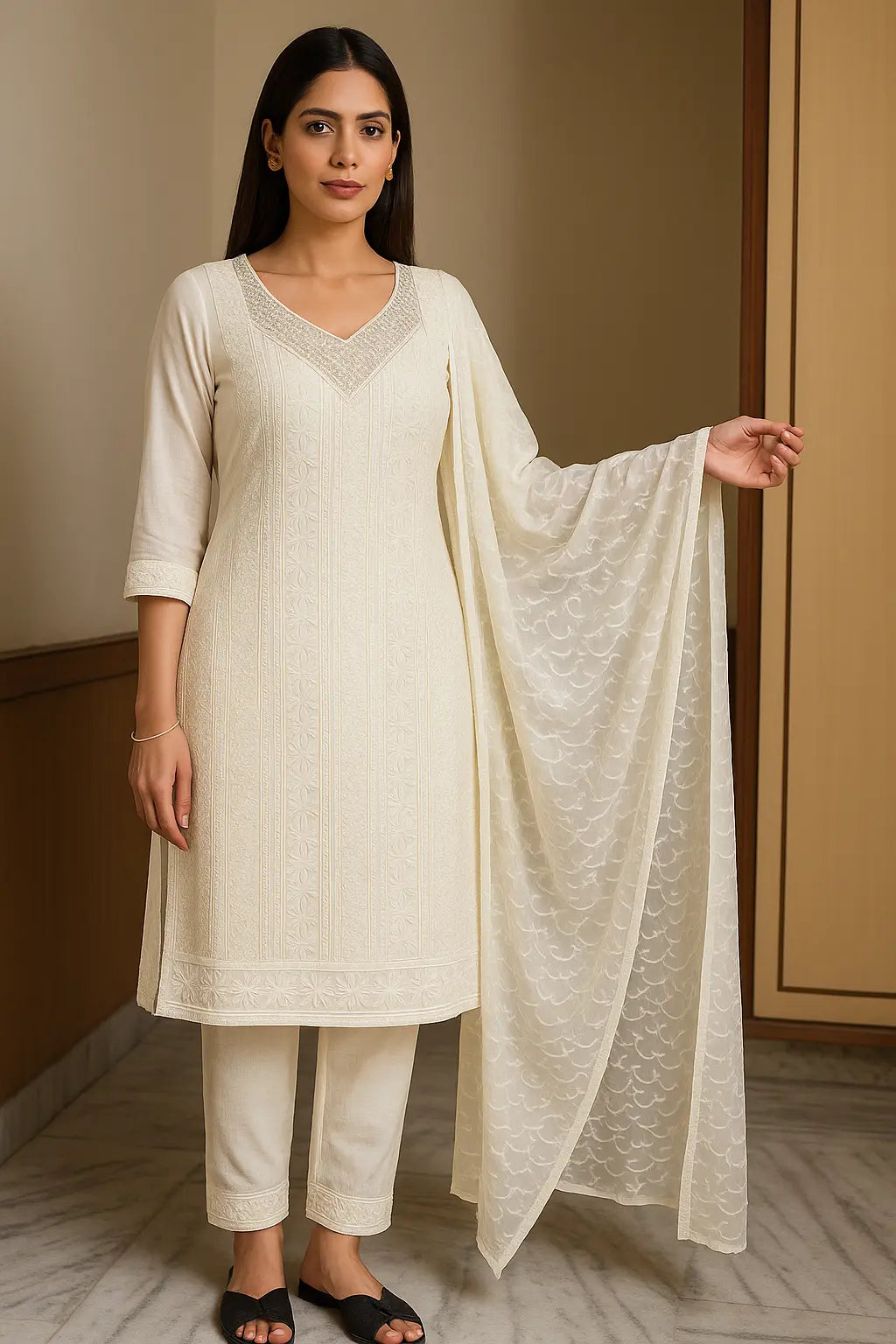 Classicove™ Ivory Pure Cotton Vichitra Suit Set – Exclusive at Desi Hands Desi Hands