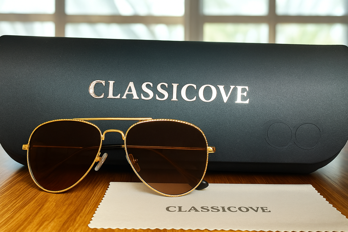 ClassiCove™ Polarised Aviator Sunglasses Green with Golden Frame Desi Hands