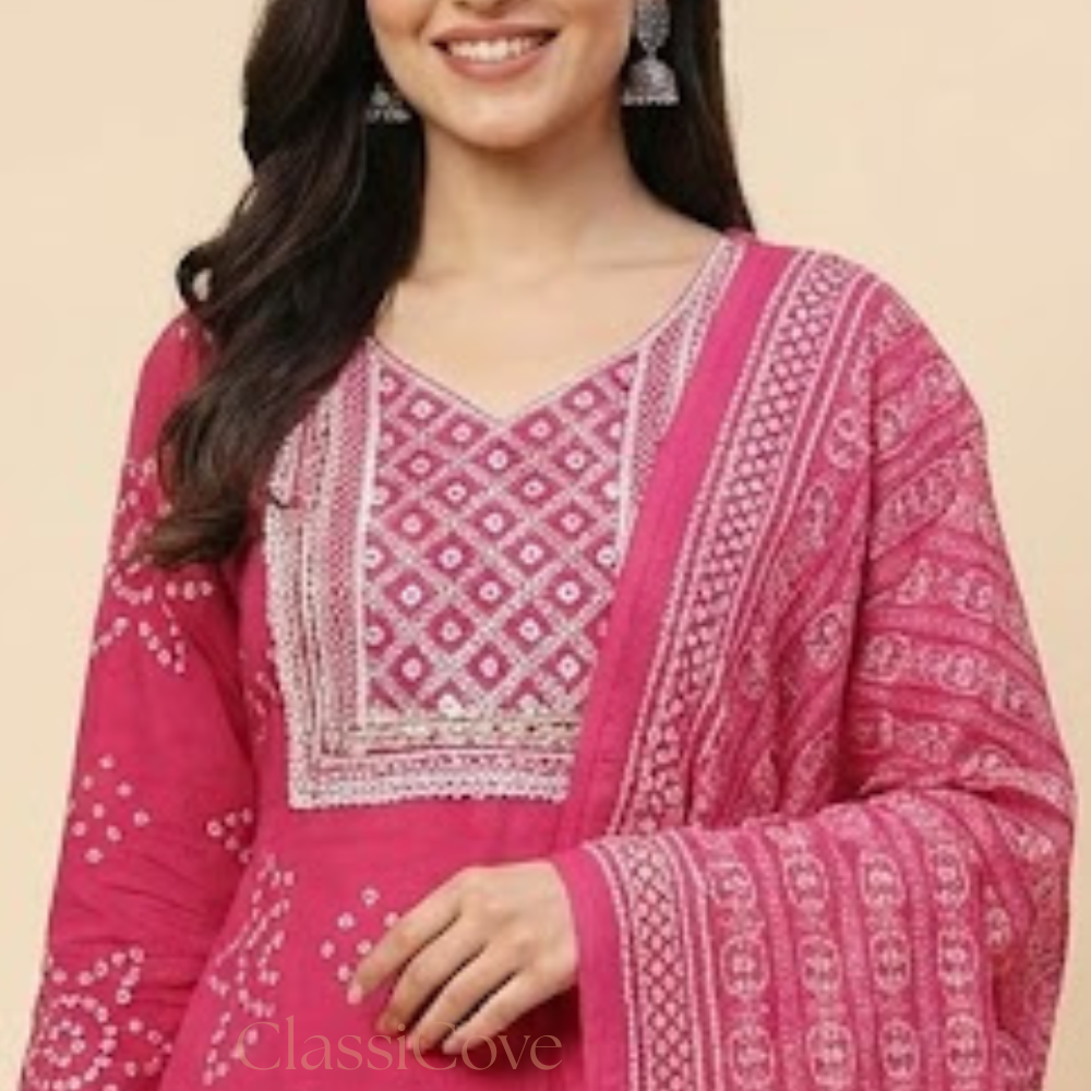 Classicove Rani Pink Bandhani Cotton Anarkali Suit with Malcotton Dupatta & Pant-Style Bottom Desi Hands