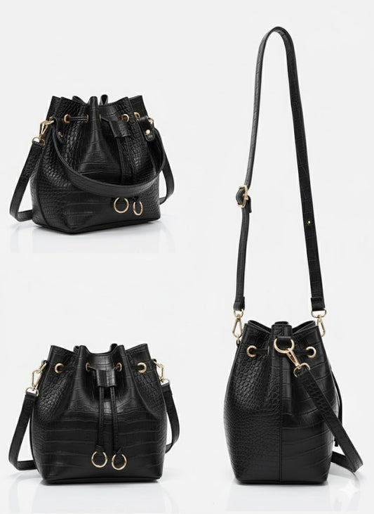 ClassiCove Luxe Croc Black Bucket Sling Bag for Women – Premium PU Leather, Stylish Shoulder Handbag for Office, College & Daily Use Desi Hands