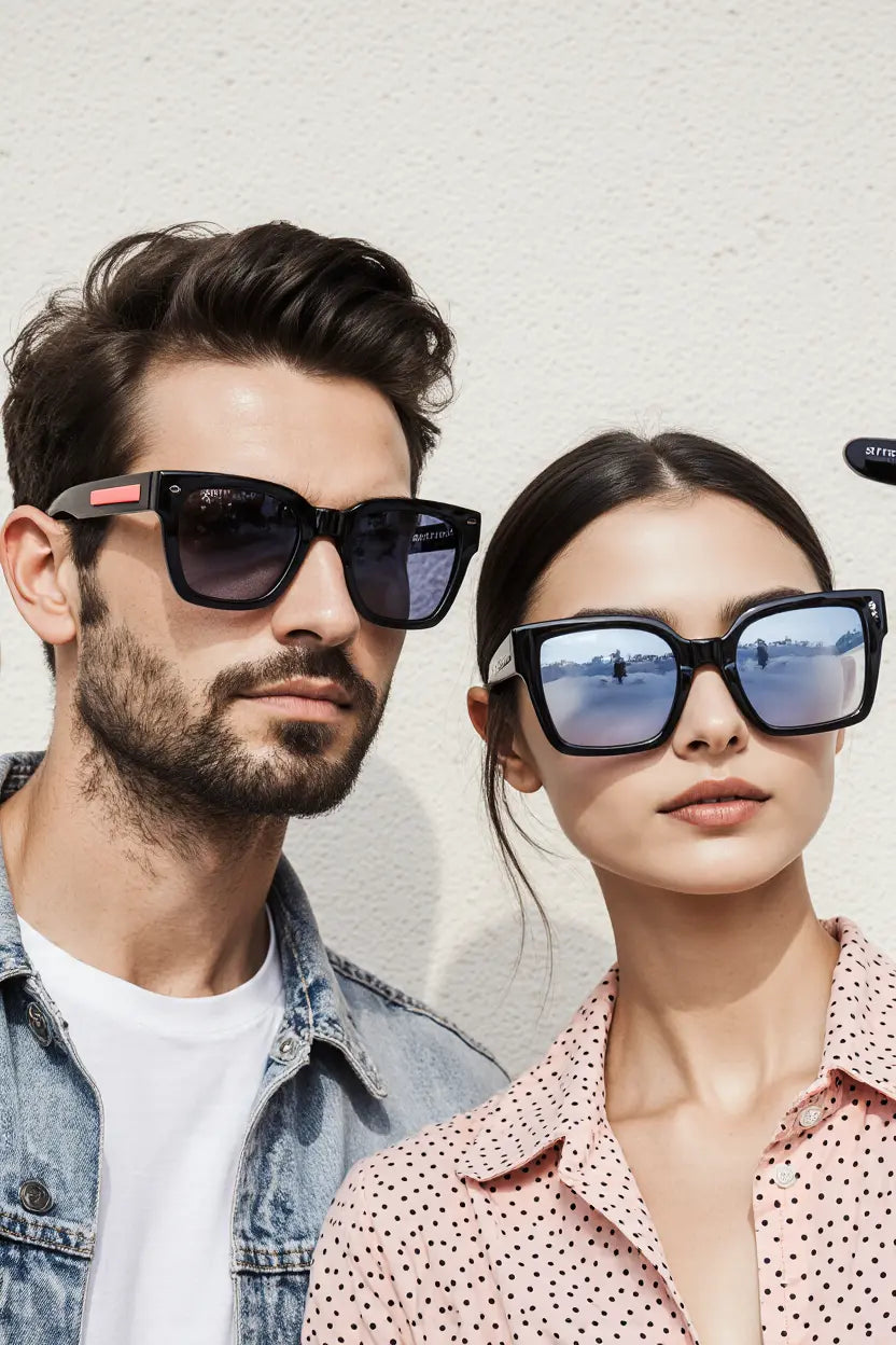 ClassiCove™ Unisex Polarized Fashion Sunglasses – Bold Black Frame with Blue Gradient Lenses Desi Hands