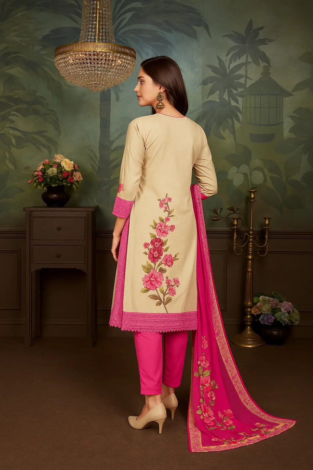 ClassiCove™ Elegant Chinon Silk Suit with Pant Bottom & Dupatta Desi Hands
