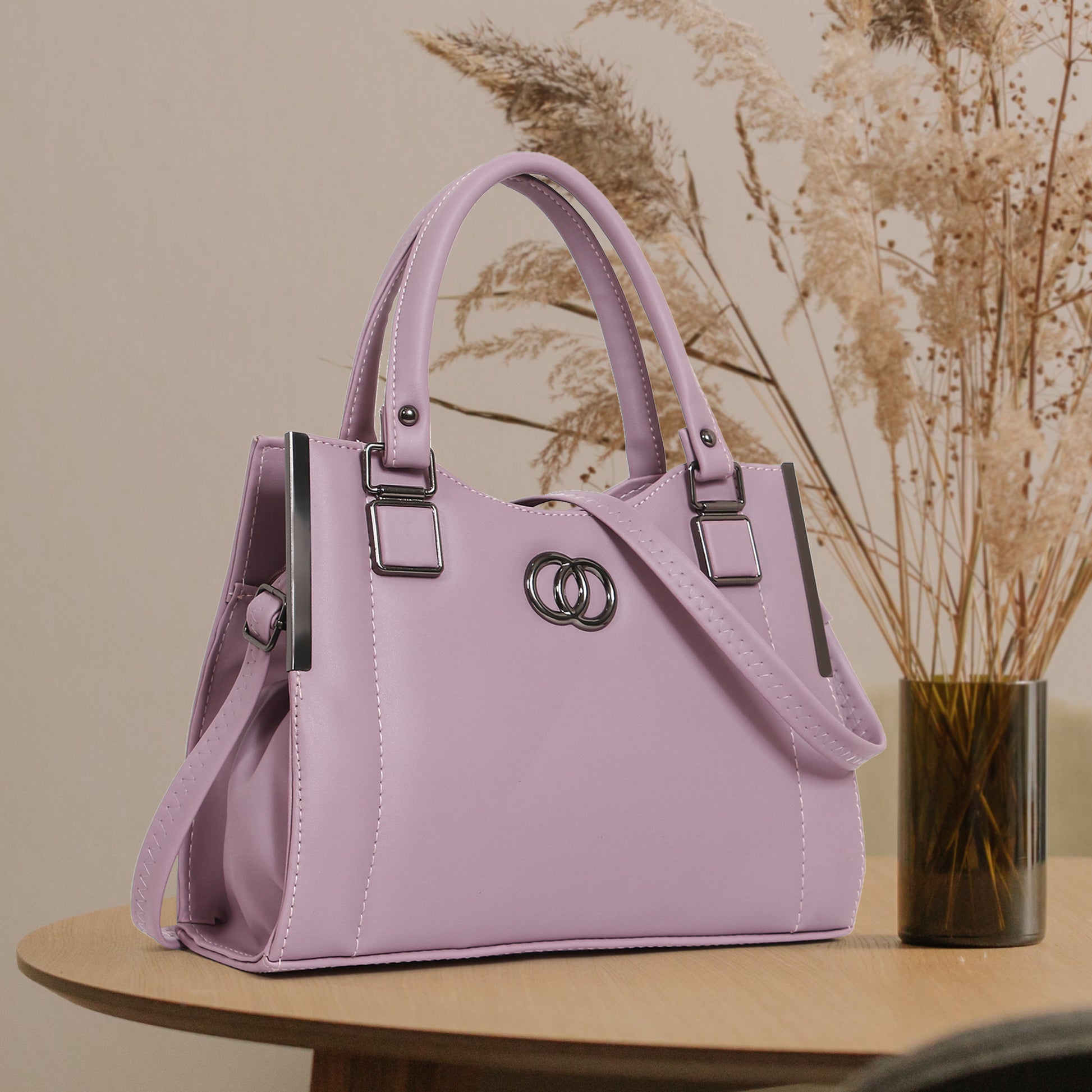 Classicove Lilac Handbag with Multi Compartments and Elegant Metal Detailing Desi Hands