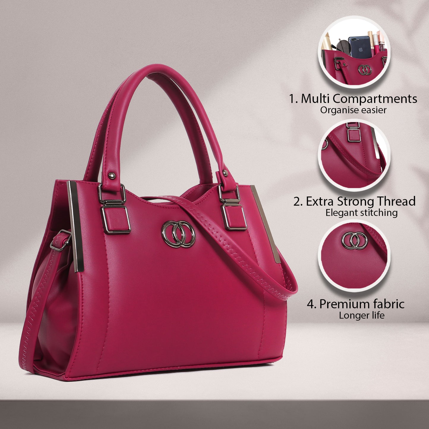 ClassiCove Women Pink  Handbag | PU Leather Satchel Bag with Sling Strap | Stylish Office & Casual Purse Desi Hands