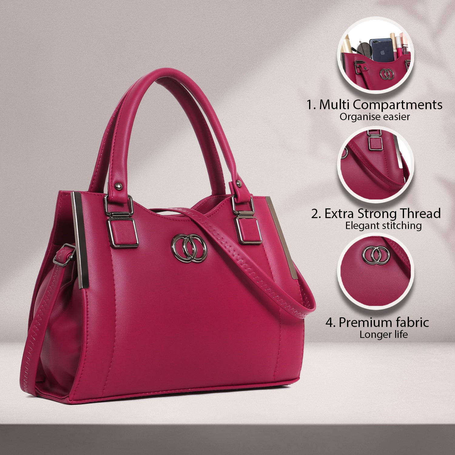 ClassiCove Women Pink  Handbag | PU Leather Satchel Bag with Sling Strap | Stylish Office & Casual Purse Desi Hands