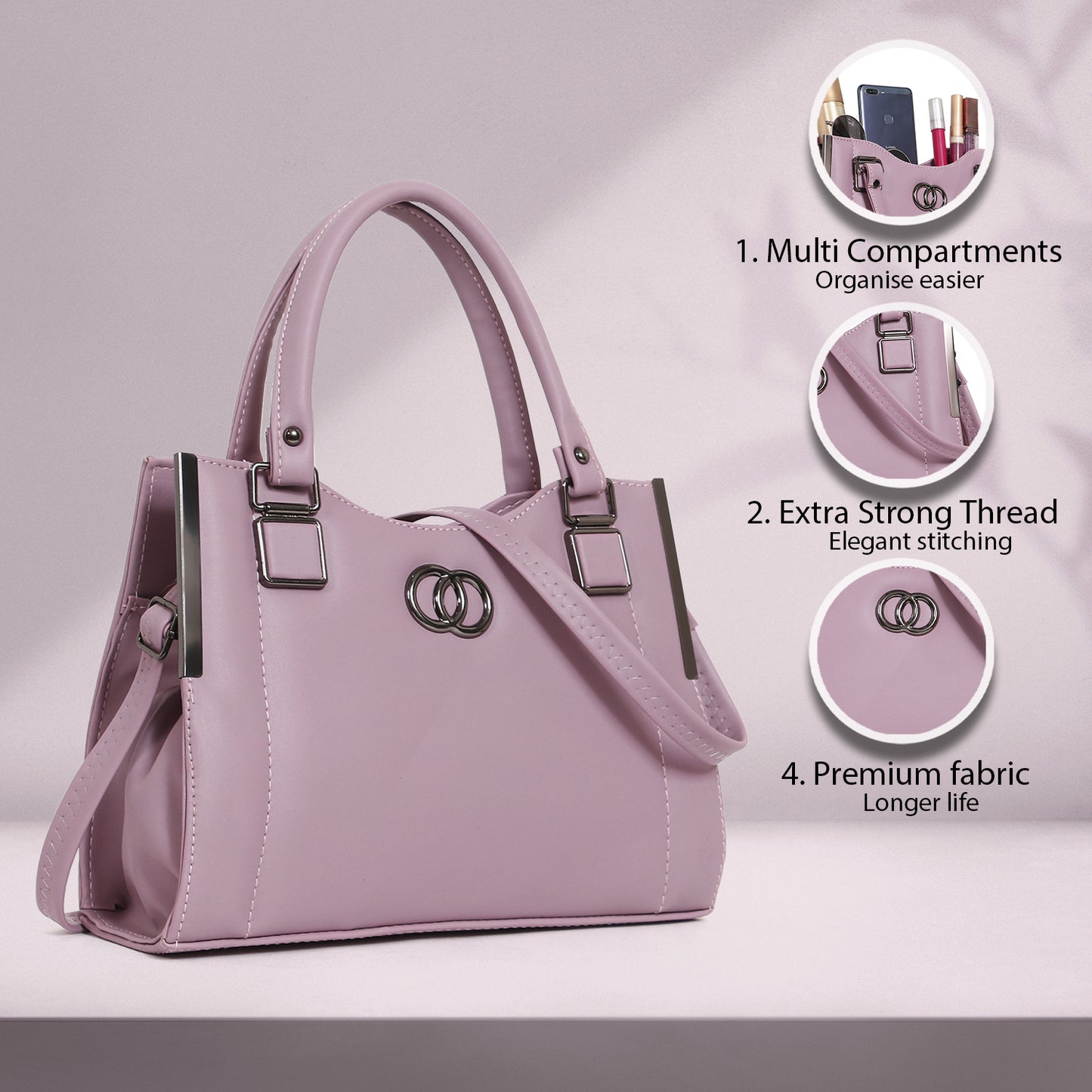 ClassiCove Women Lavender Handbag | PU Leather Satchel Bag with Sling Strap | Stylish Office & Casual Purs Desi Hands