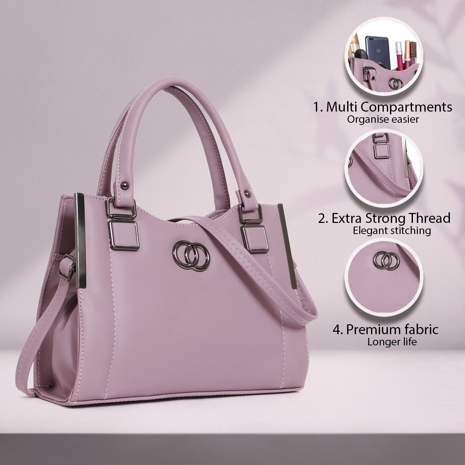 ClassiCove Women Lavender Handbag | PU Leather Satchel Bag with Sling Strap | Stylish Office & Casual Purs Desi Hands