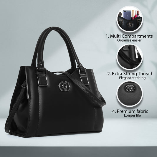 ClassiCove Women Black Handbag | PU Leather Satchel Bag with Sling Strap | Stylish Office & Casual Purse Desi Hands