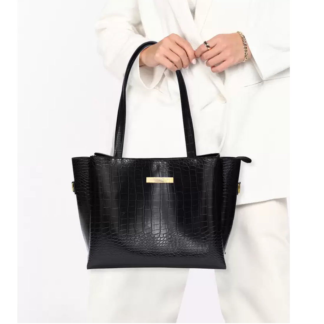 Classicove Black Croc-Textured Tote Bag with Spacious Compartments Desi Hands