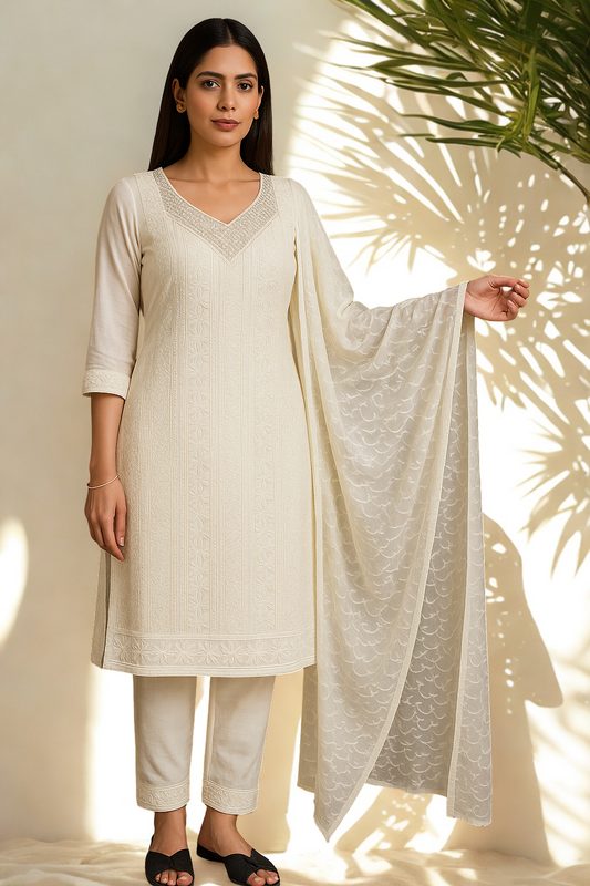 Classicove™ Ivory Pure Cotton Vichitra Suit Set – Exclusive at Desi Hands