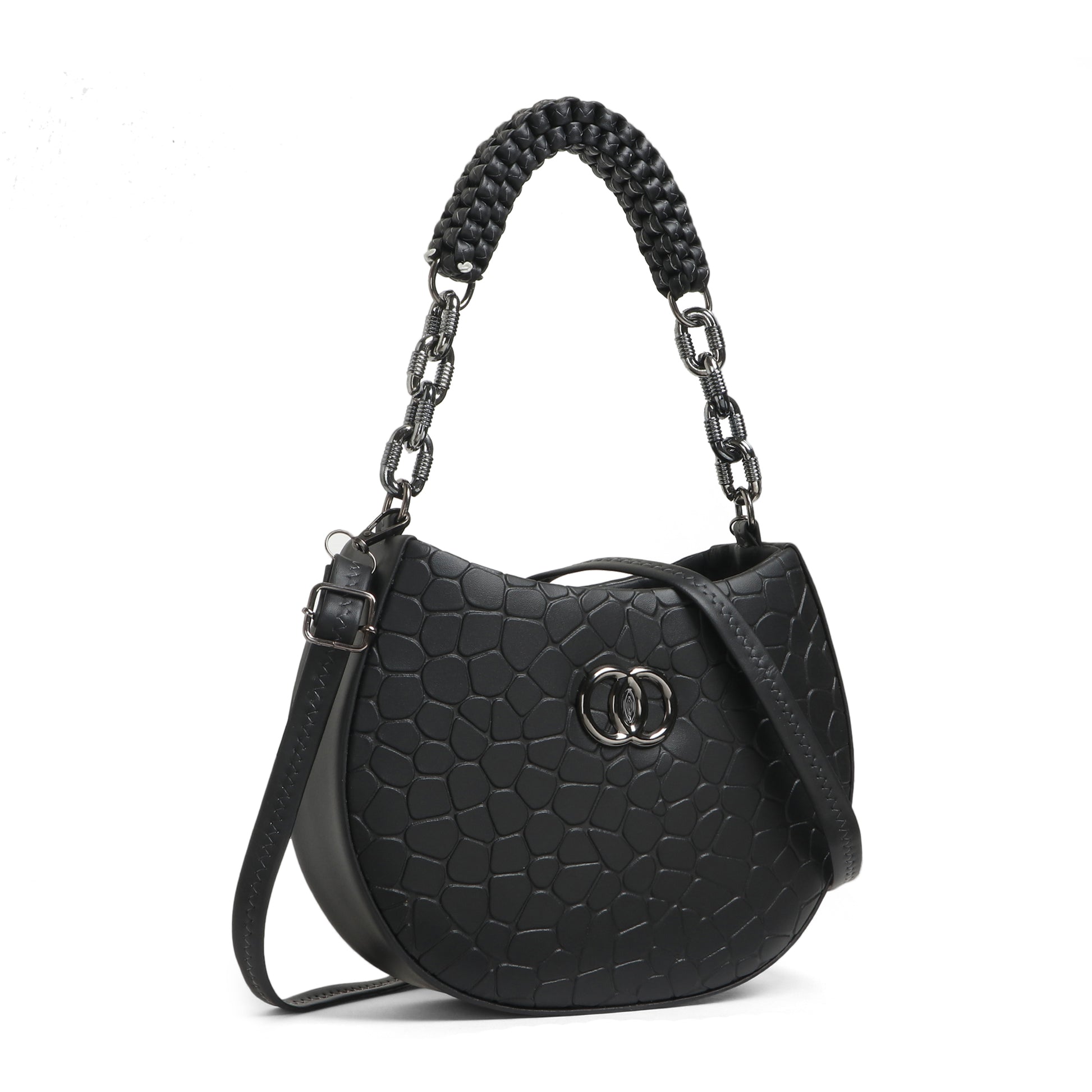 Classicove Black Textured Shoulder Bag with Braided Handle Desi Hands