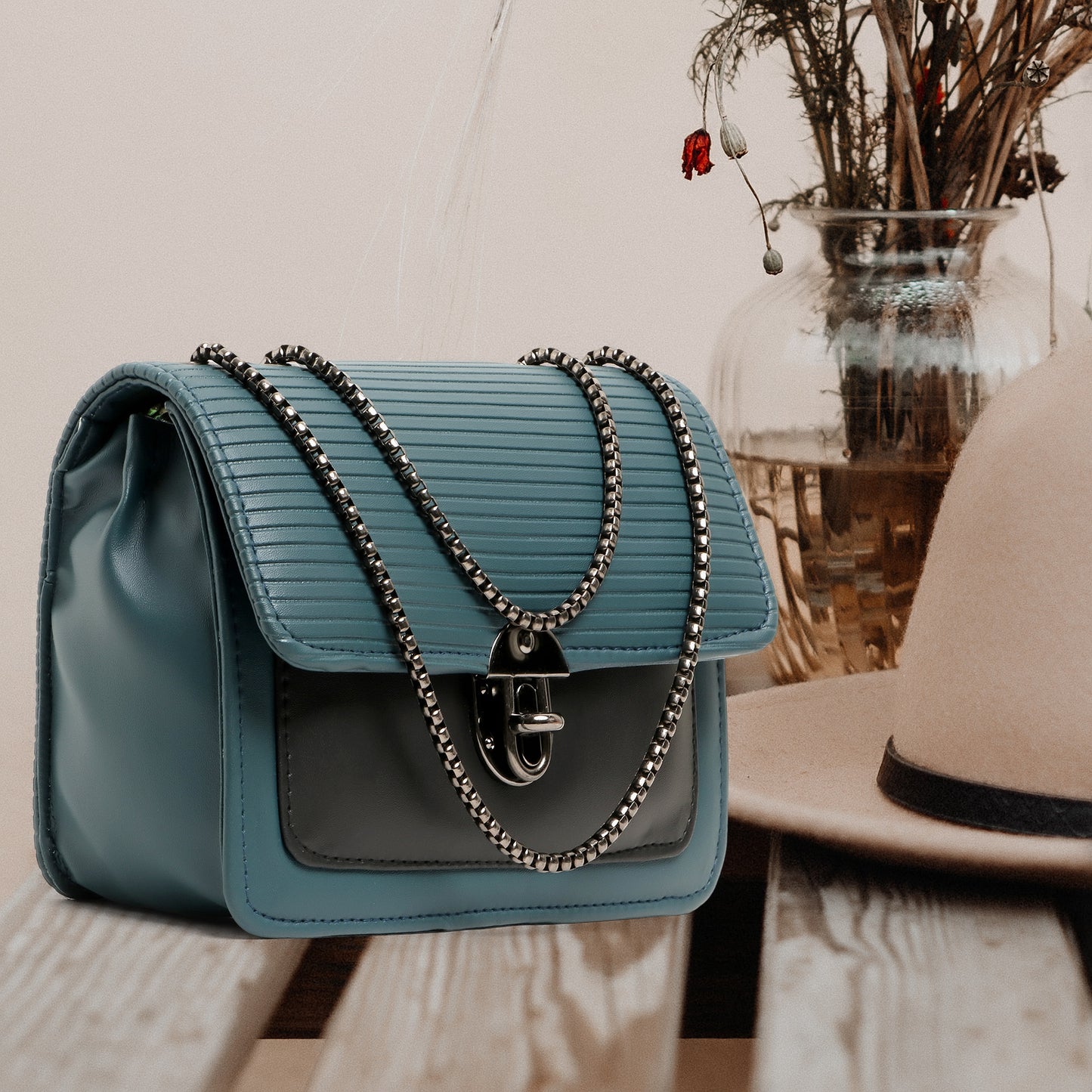 Classicove Teal Chain Shoulder Bag with Multi Compartments Desi Hands