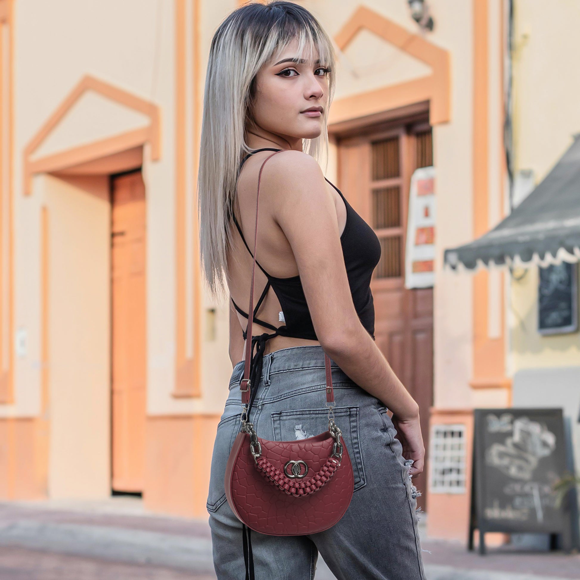 Classicove Maroon Textured Handbag – Premium Fabric with Multi Compartments Desi Hands