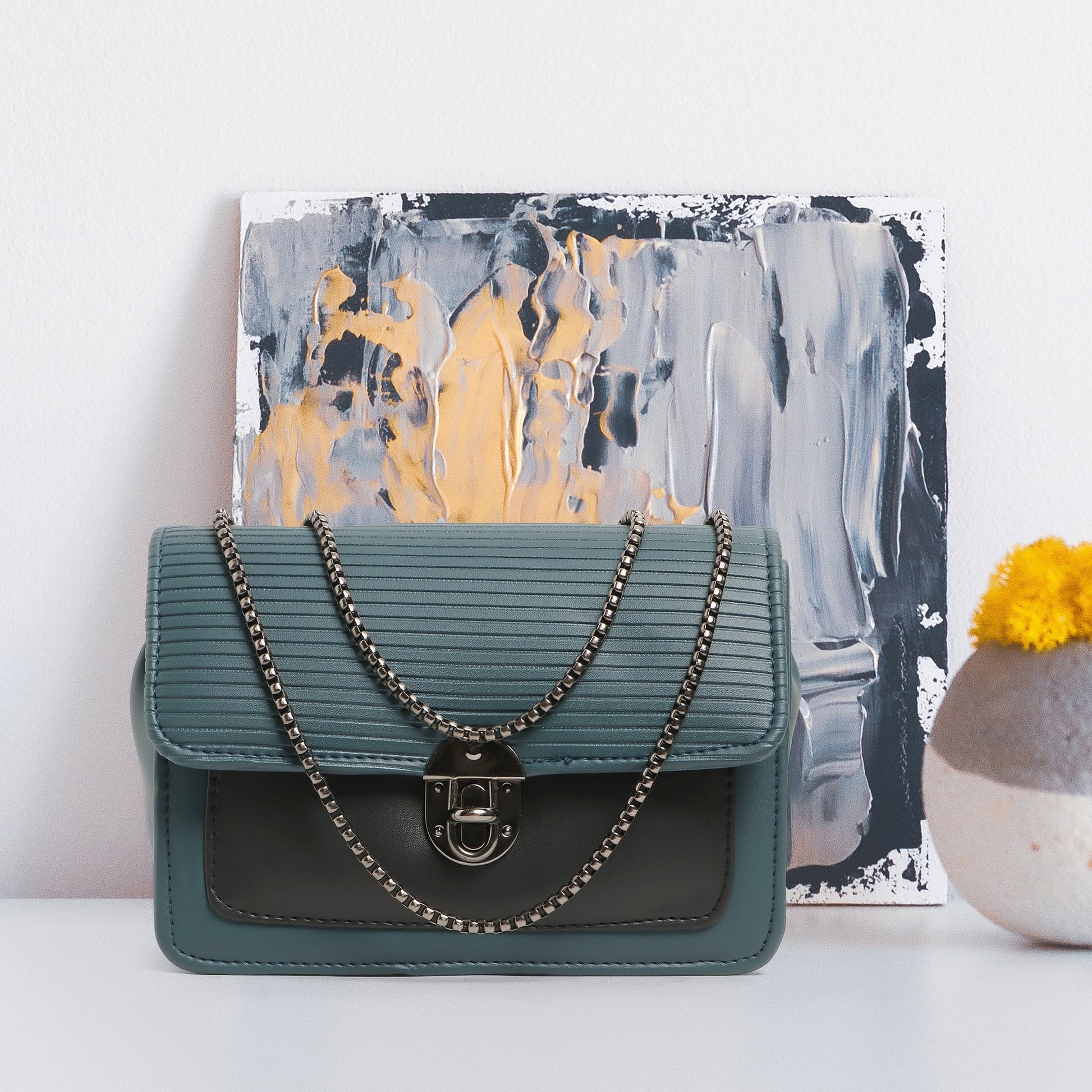 Classicove Teal Chain Shoulder Bag with Multi Compartments Desi Hands