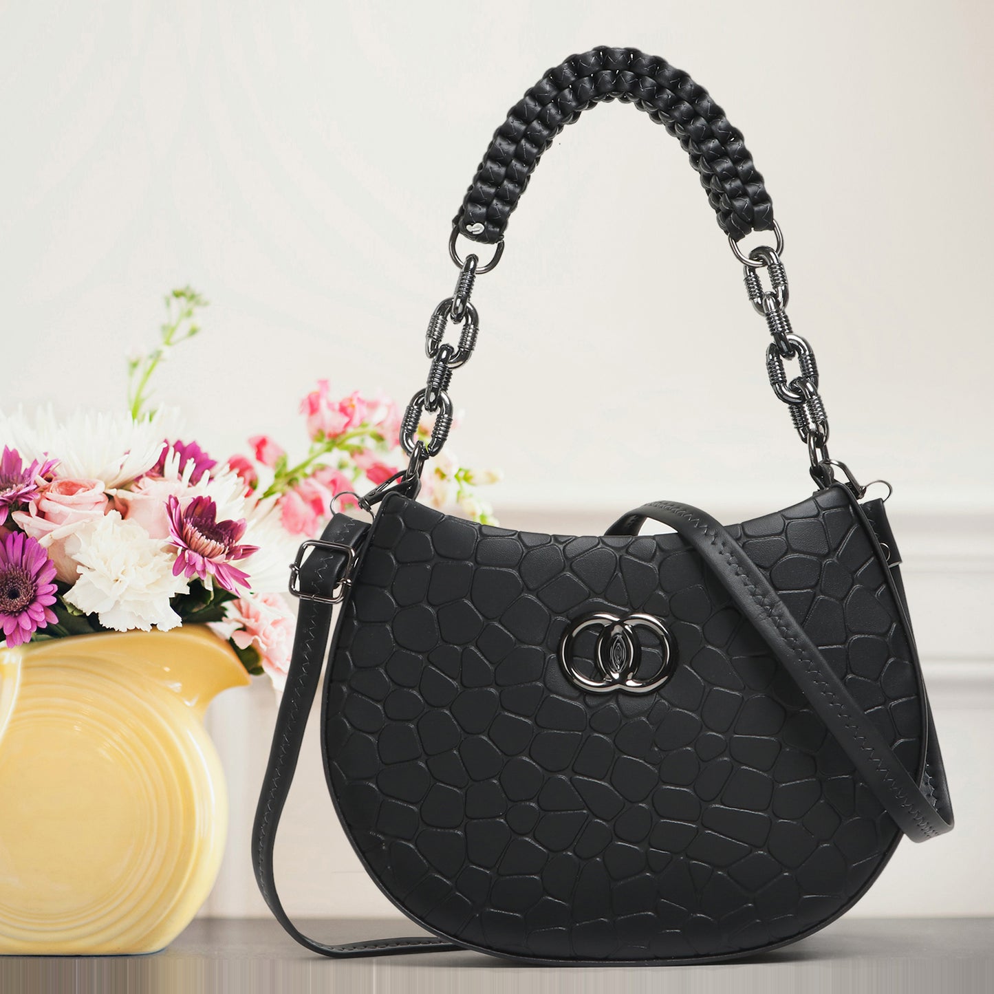 Classicove Black Textured Shoulder Bag with Braided Handle Desi Hands