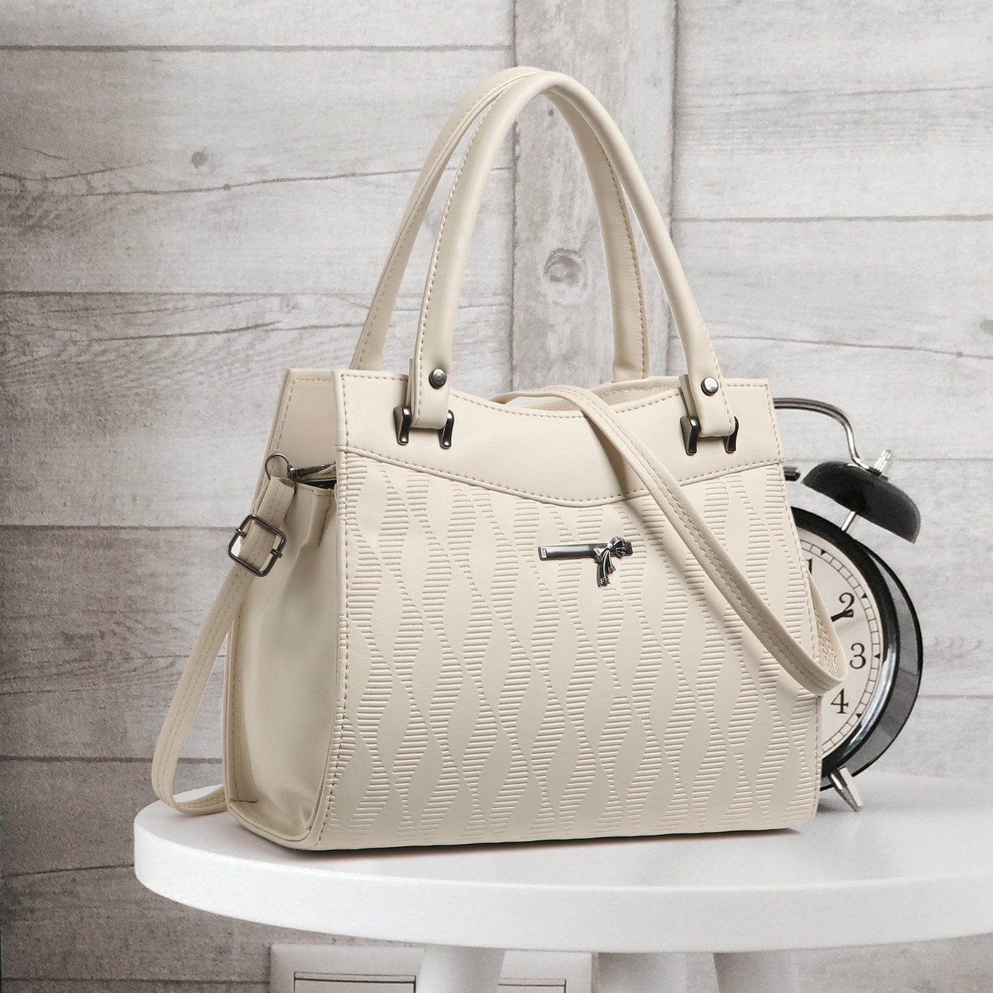 Classicove Elegant Cream Textured Handbag with Premium Fabric & Golden Hardware Desi Hands
