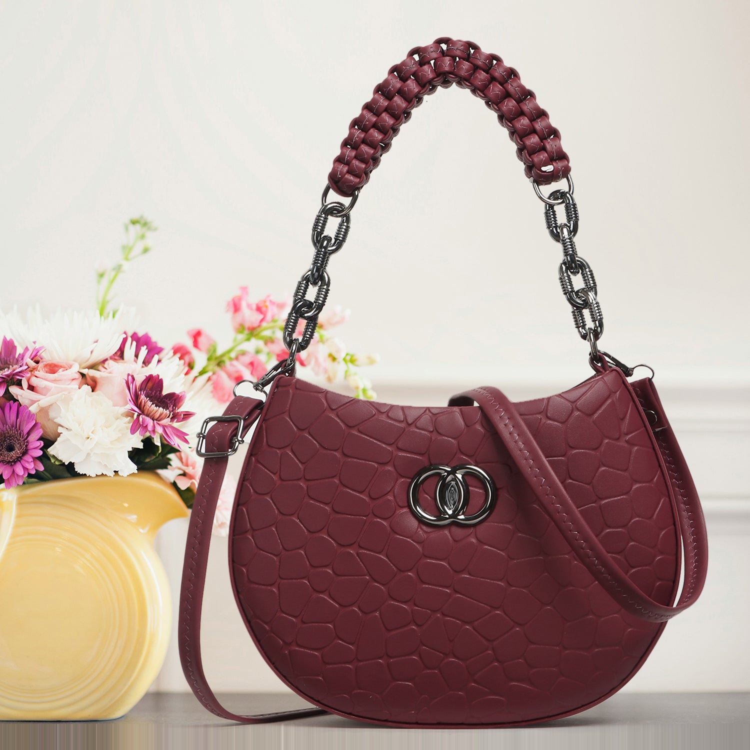 Classicove Maroon Textured Handbag – Premium Fabric with Multi Compartments Desi Hands