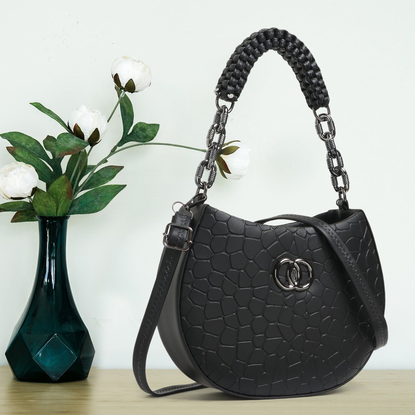 Classicove Black Textured Shoulder Bag with Braided Handle Desi Hands