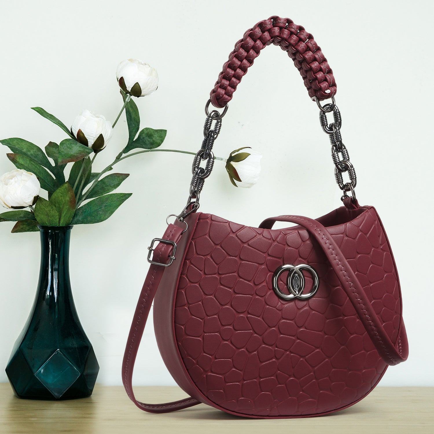 Classicove Maroon Textured Handbag – Premium Fabric with Multi Compartments Desi Hands