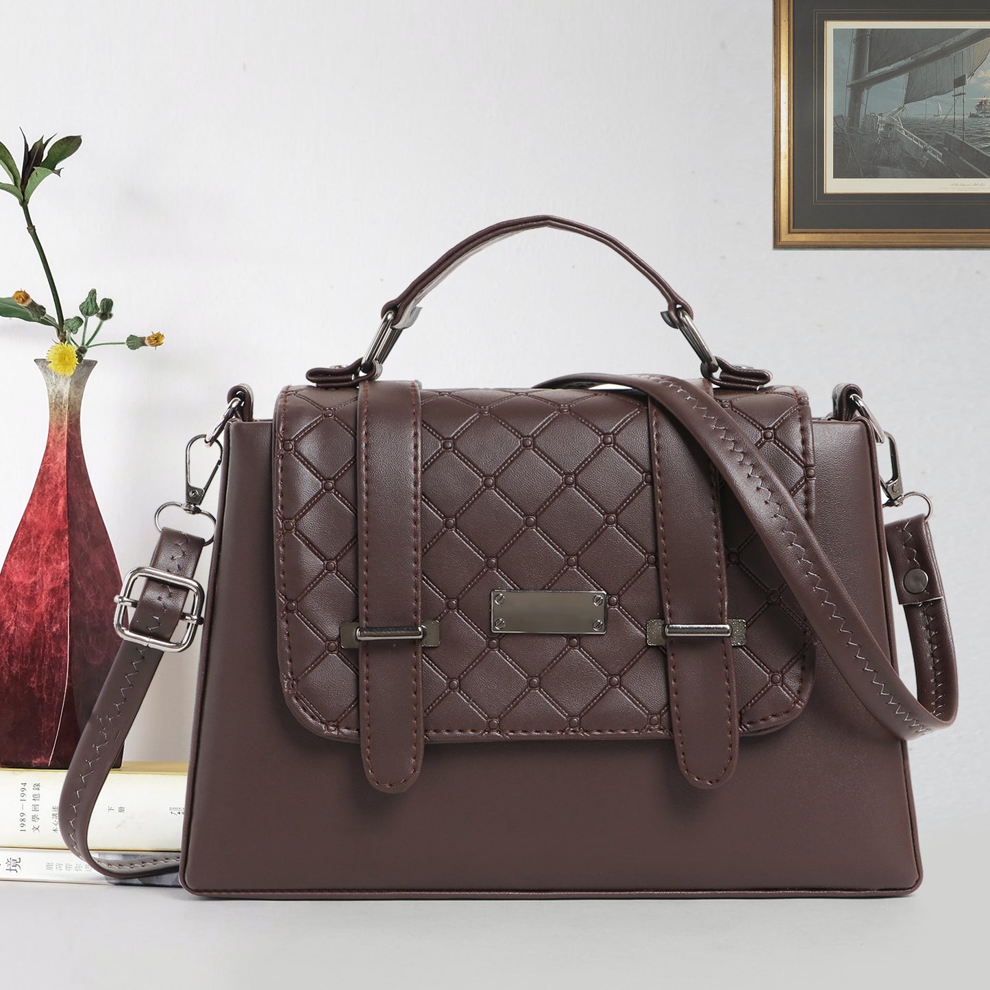 Classicove Quilted Elegance Handbag – Brown Structured Satchel Desi Hands