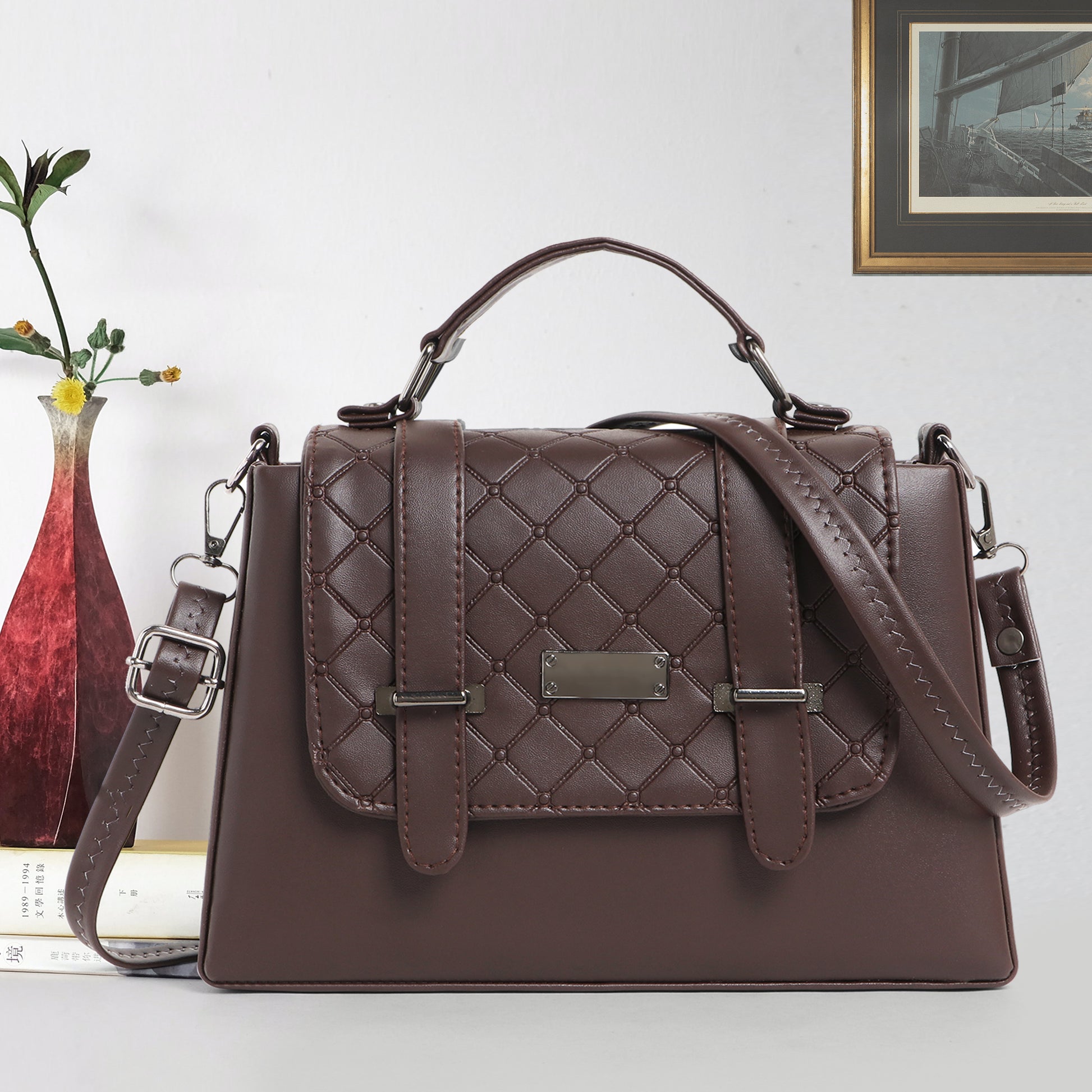 Classicove Quilted Elegance Handbag – Brown Structured Satchel Desi Hands