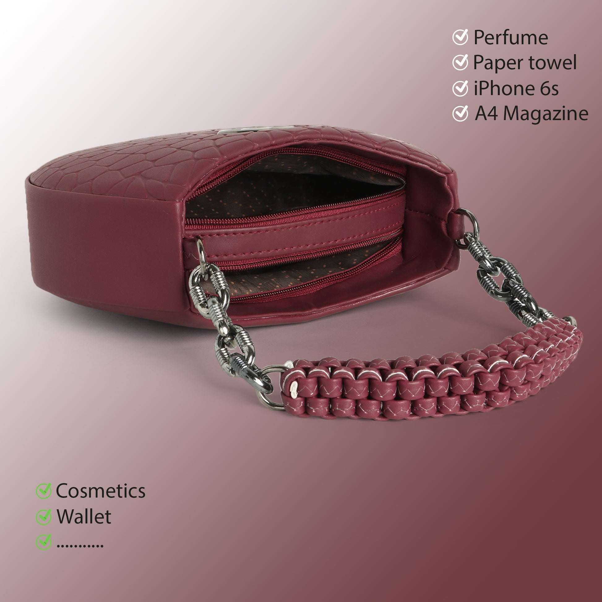Classicove Maroon Textured Handbag – Premium Fabric with Multi Compartments Desi Hands
