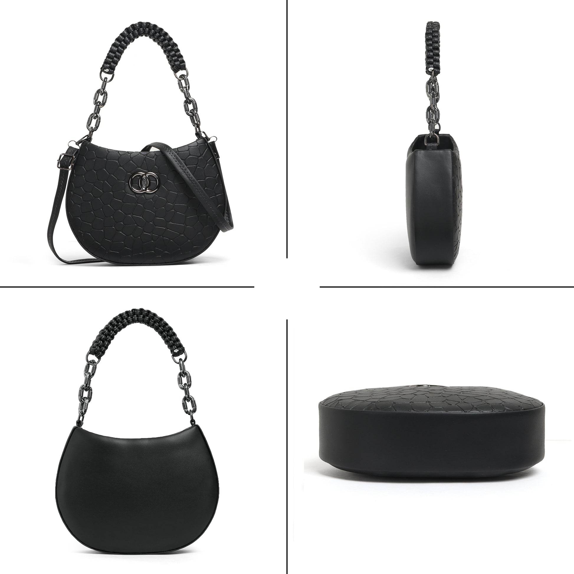 Classicove Black Textured Shoulder Bag with Braided Handle Desi Hands