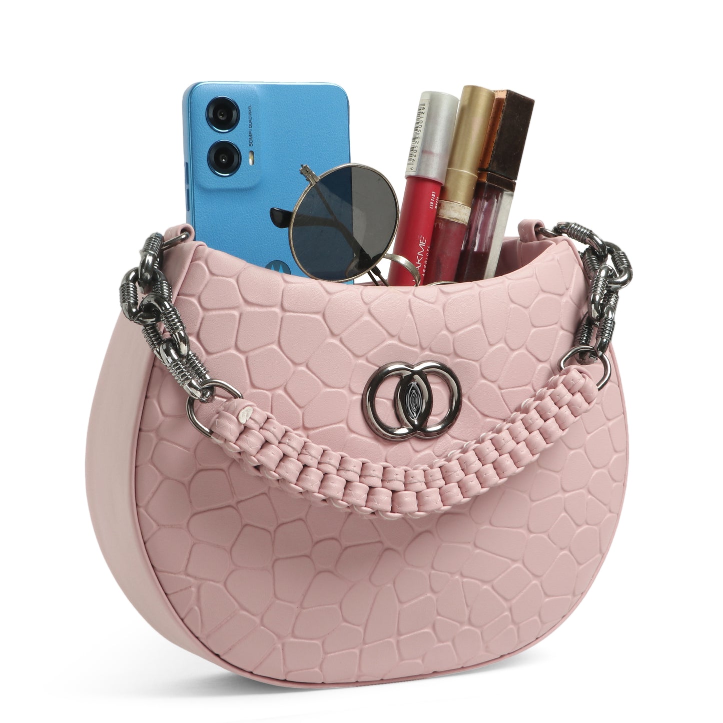 Classicove Pink Textured Shoulder Bag with Premium Fabric & Golden Hardware Desi Hands