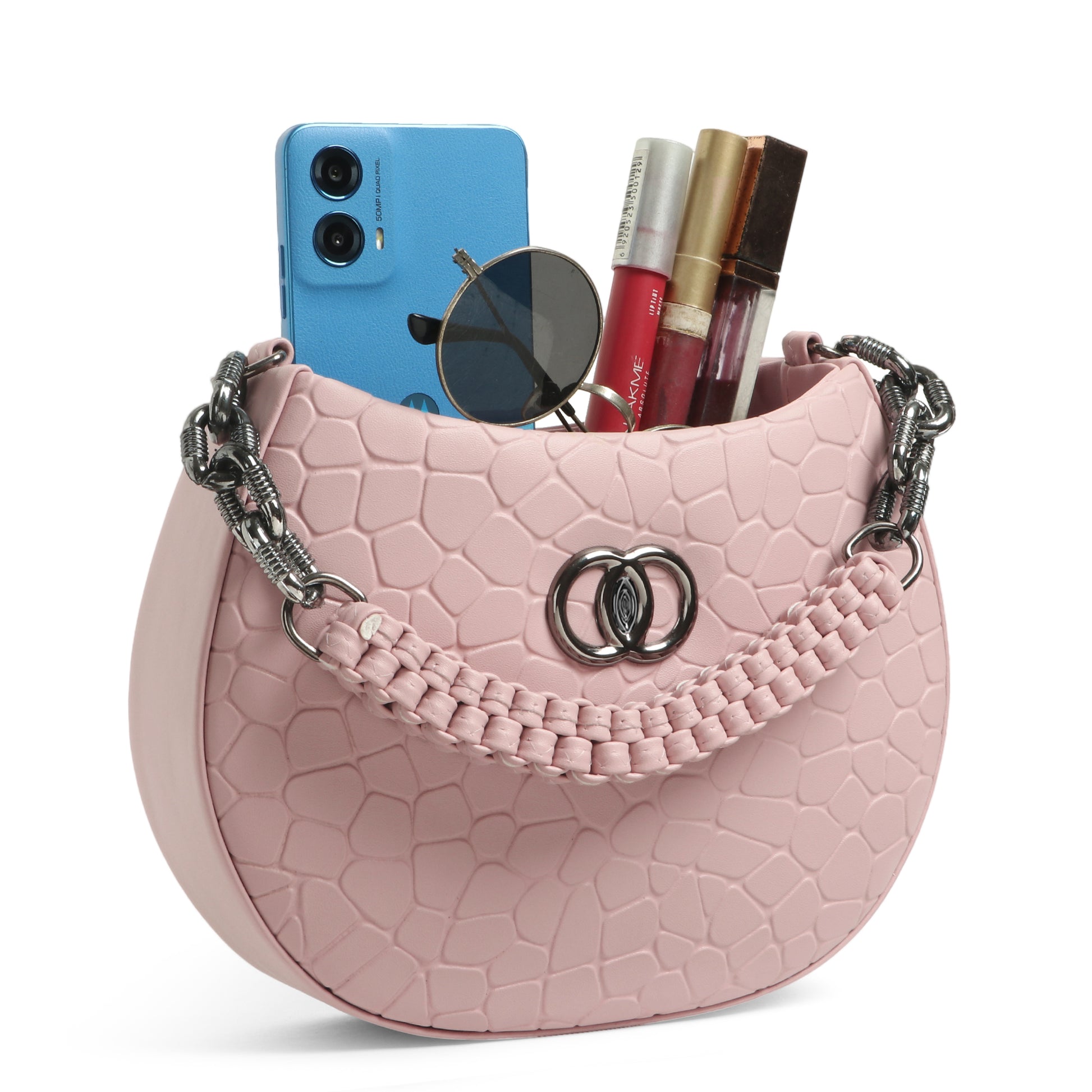 Classicove Pink Textured Shoulder Bag with Premium Fabric & Golden Hardware Desi Hands