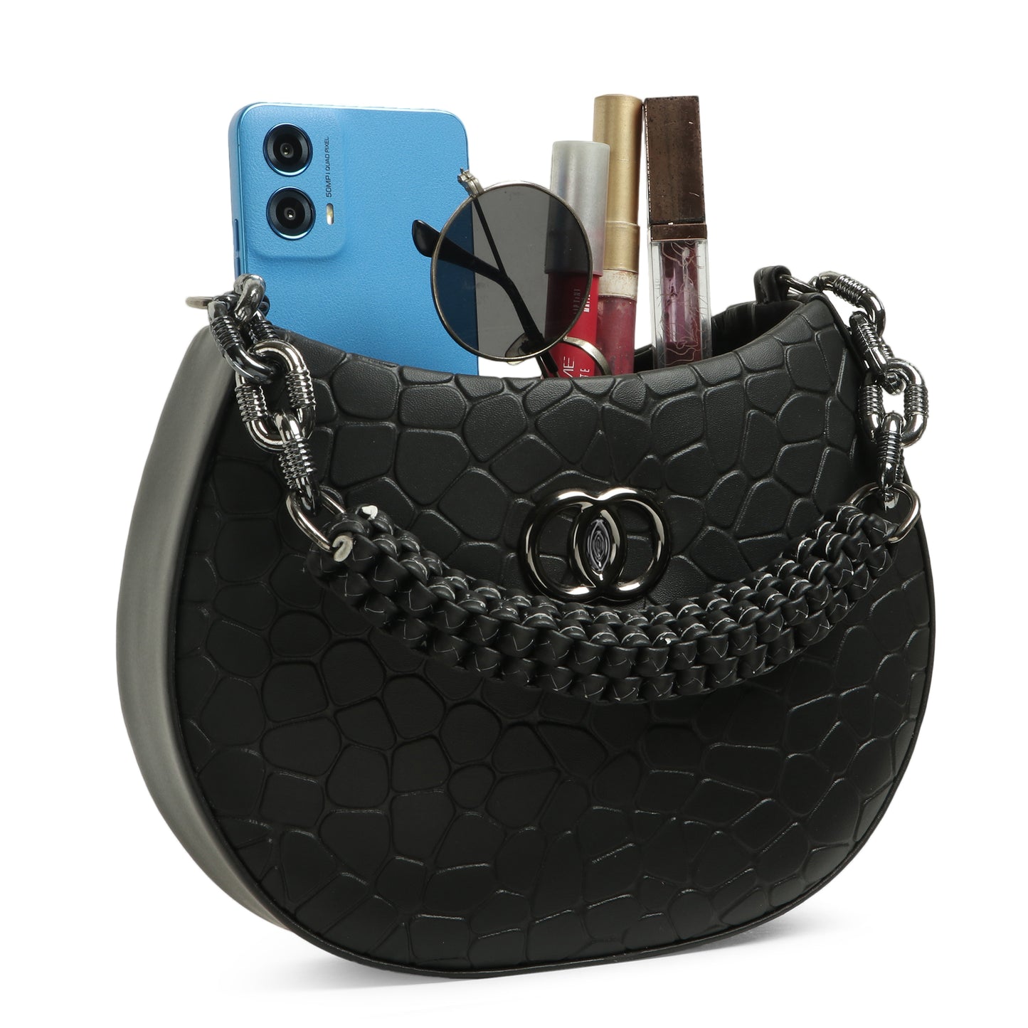 Classicove Black Textured Shoulder Bag with Braided Handle Desi Hands