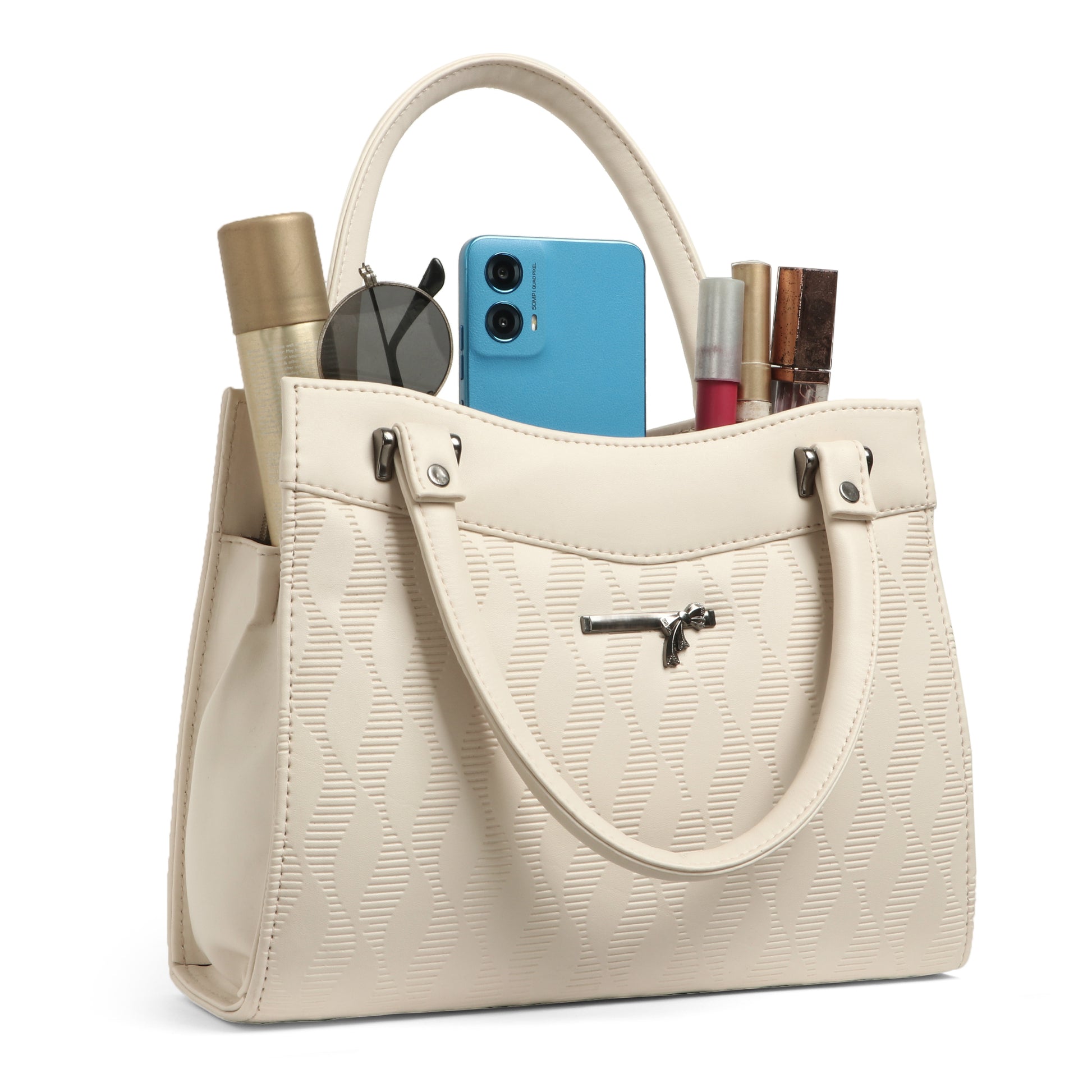 Classicove Elegant Cream Textured Handbag with Premium Fabric & Golden Hardware Desi Hands