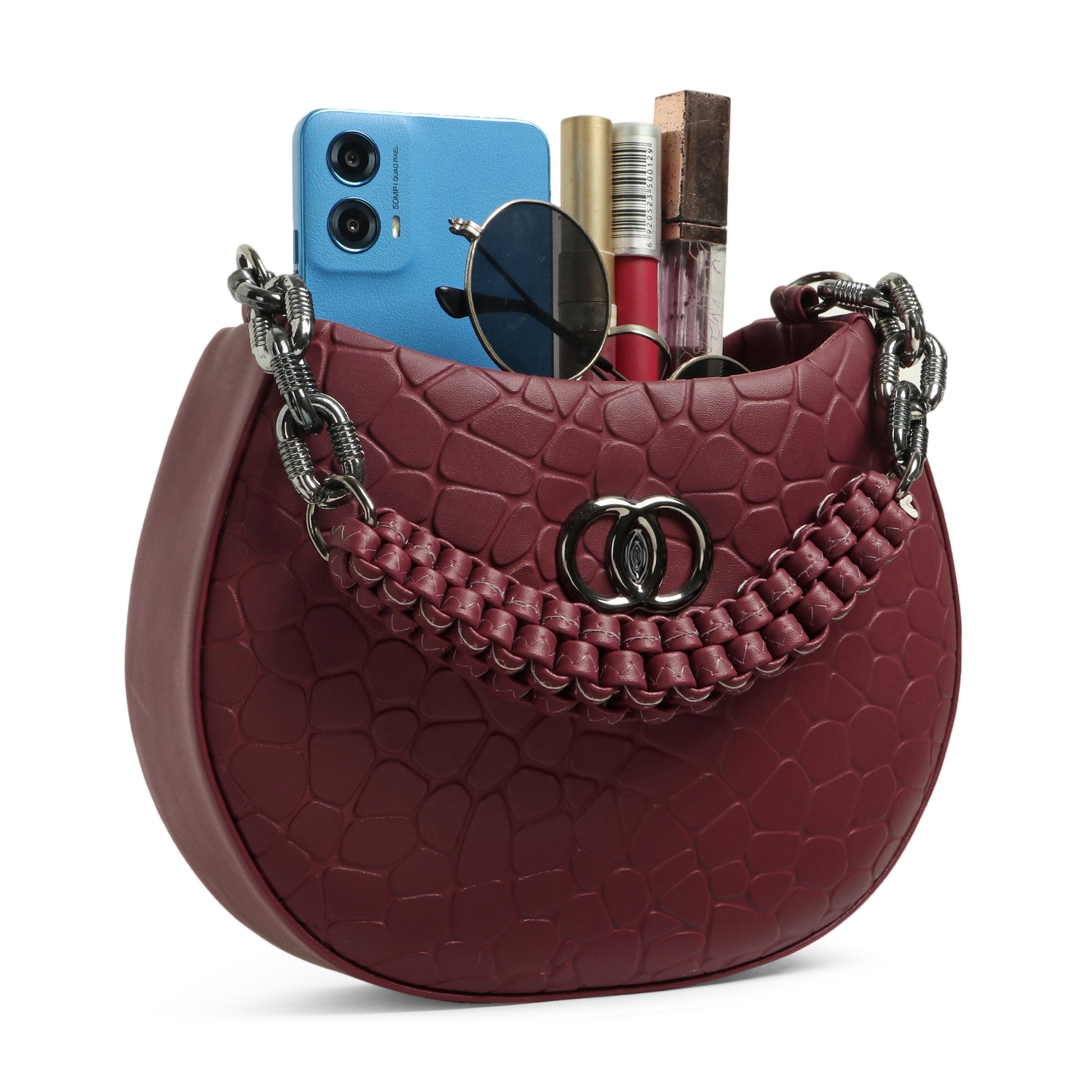 Classicove Maroon Textured Handbag – Premium Fabric with Multi Compartments Desi Hands