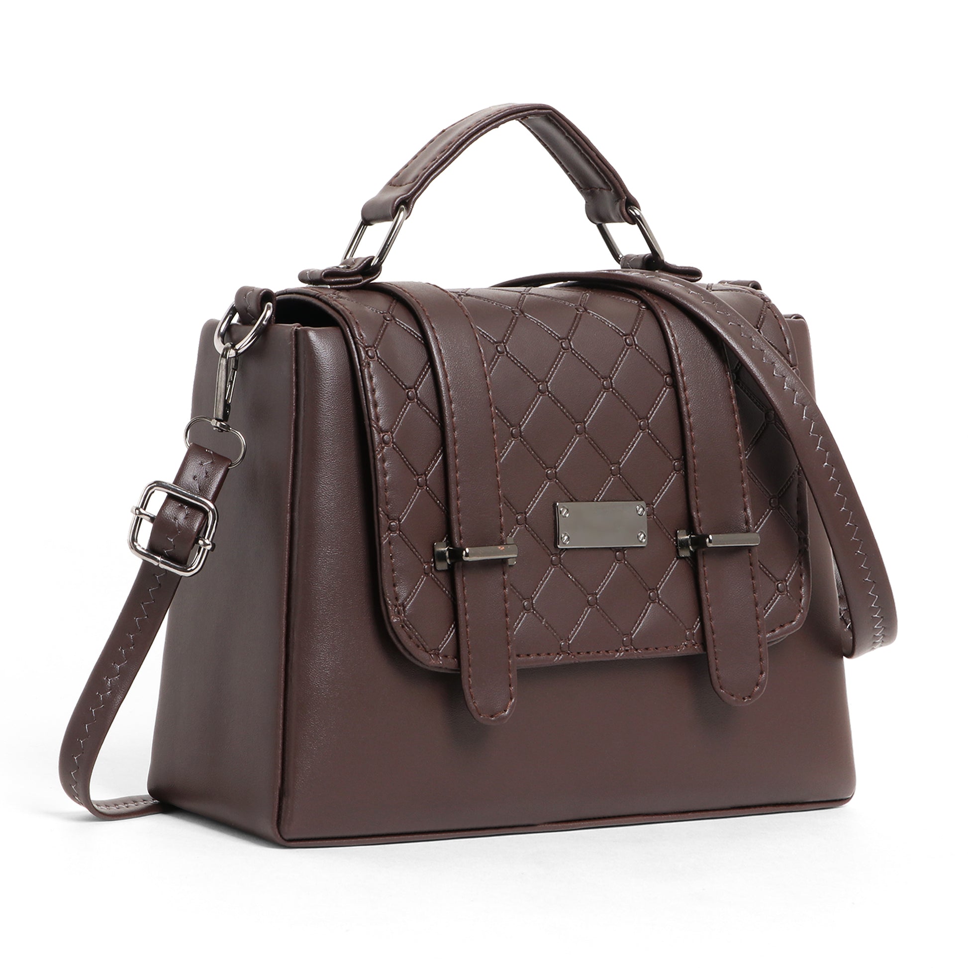 Classicove Quilted Elegance Handbag – Brown Structured Satchel Desi Hands