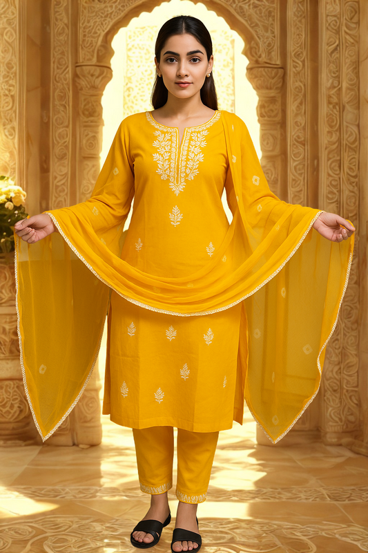 Classicove™ Yellow Embroidered Chanderi Cotton Suit Set – Desi Hands Exclusive