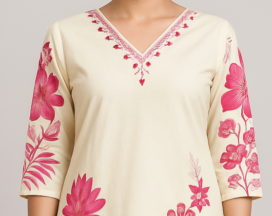 "Elegant Cotton Floral Kurta Set with Embroidered Neck & Printed Dupatta – Cream & Pink"