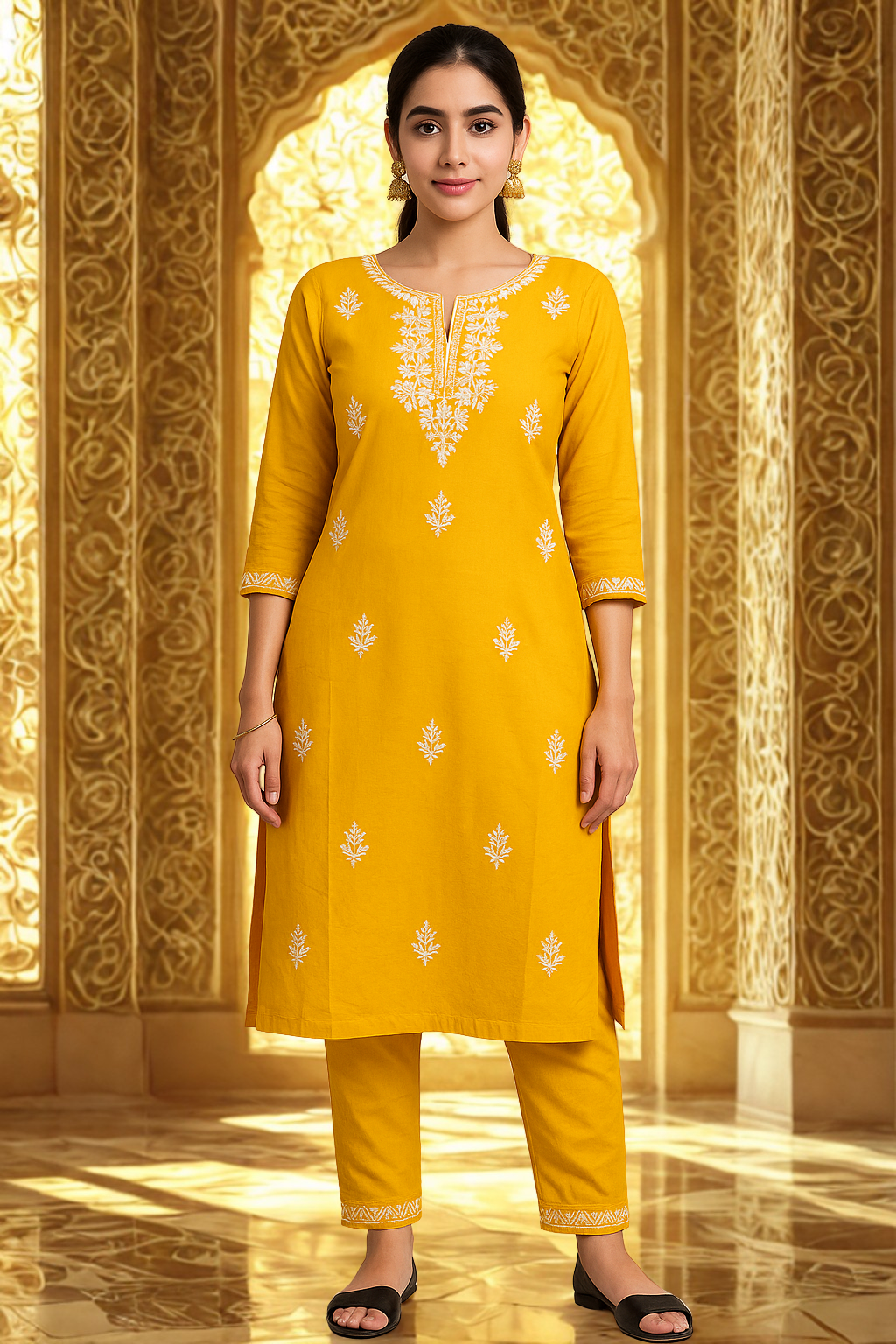 Classicove™ Yellow Embroidered Chanderi Cotton Suit Set – Desi Hands Exclusive