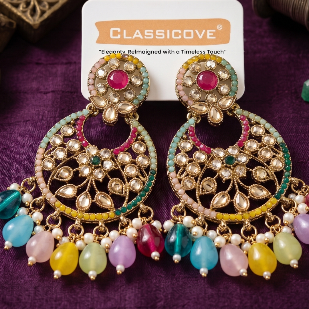 Classicove Multicolor Stone & Beaded Statement Earrings – Designer Ethnic Party Wear Jewelry for Women