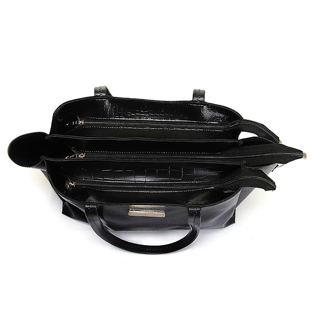 Classicove Black Croc-Textured Tote Bag with Spacious Compartments Desi Hands