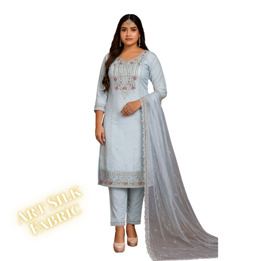 Elegant Sky Blue Embroidered Suit with Soft Lining by ClassiCove™