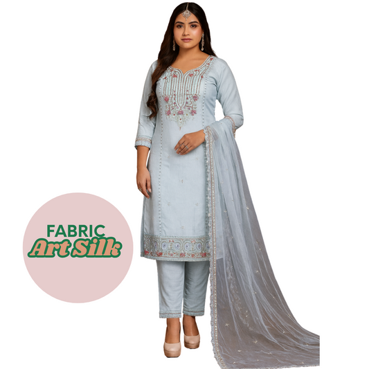 Elegant Sky Blue Embroidered Suit with Soft Lining by ClassiCove™
