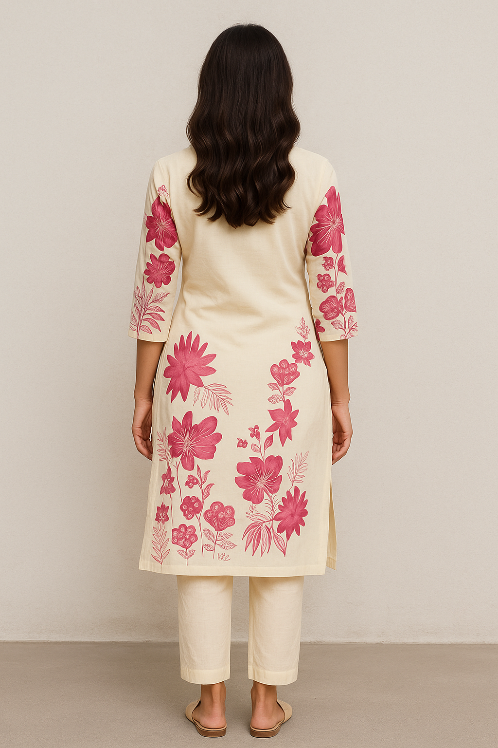 "Elegant Cotton Floral Kurta Set with Embroidered Neck & Printed Dupatta – Cream & Pink"