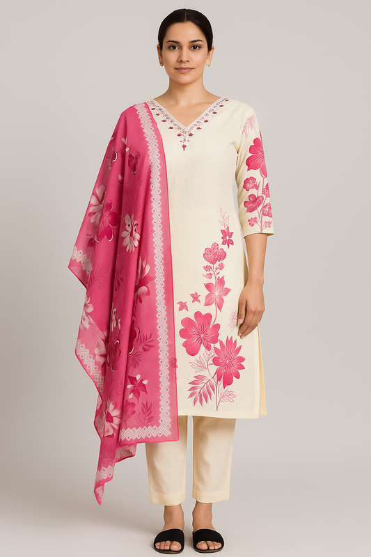 "Elegant Cotton Floral Kurta Set with Embroidered Neck & Printed Dupatta – Cream & Pink"