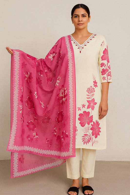 "Elegant Cotton Floral Kurta Set with Embroidered Neck & Printed Dupatta – Cream & Pink"