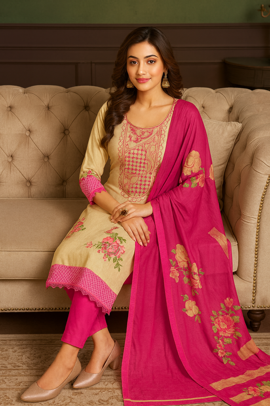 ClassiCove™ Elegant Chinon Silk Suit with Pant Bottom & Dupatta
